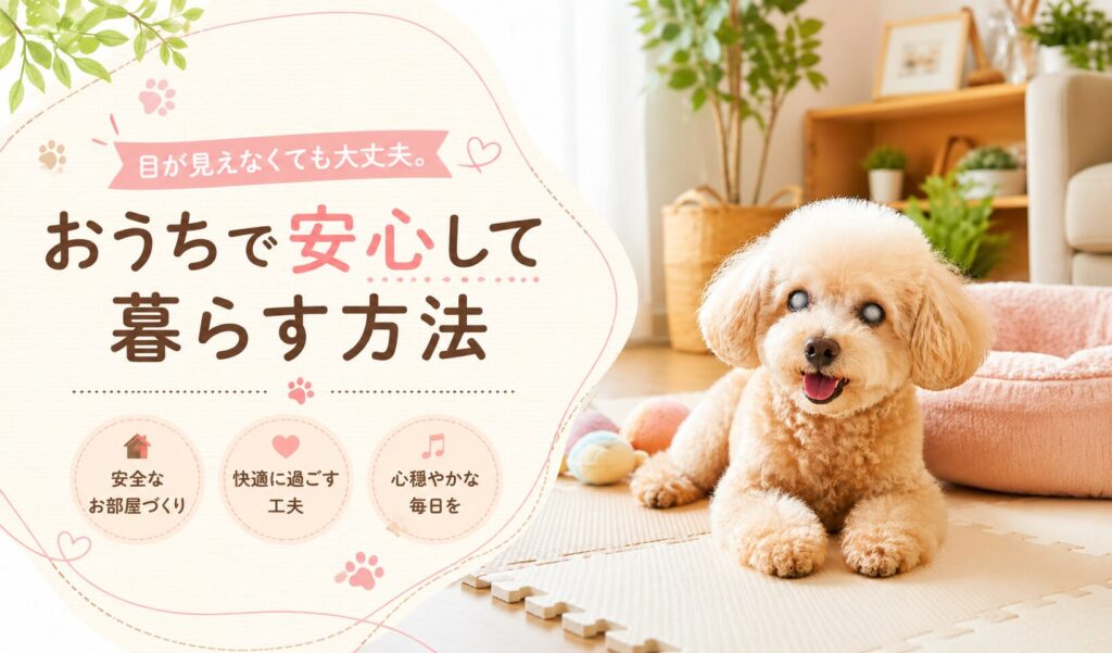 室内で滑り止めマットとクッションベッドに囲まれ、安心してリラックスする盲目のトイプードルの様子