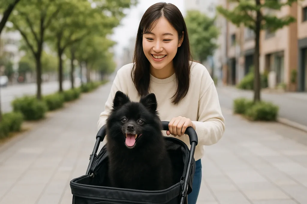 黒ポメラニアンがペットカートに乗り、日本人女性が押している