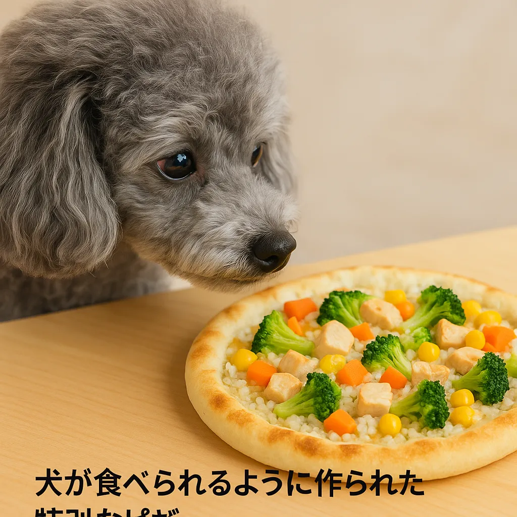 「犬用に開発されたピザを見つめるシルバートイプードル」