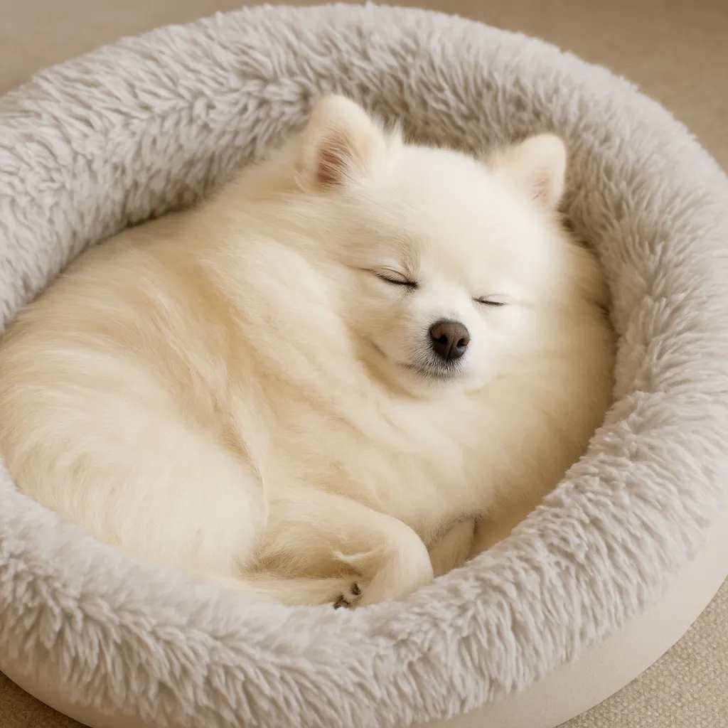 ふかふかのクッションベッドで安心して眠っている白ポメラニアン