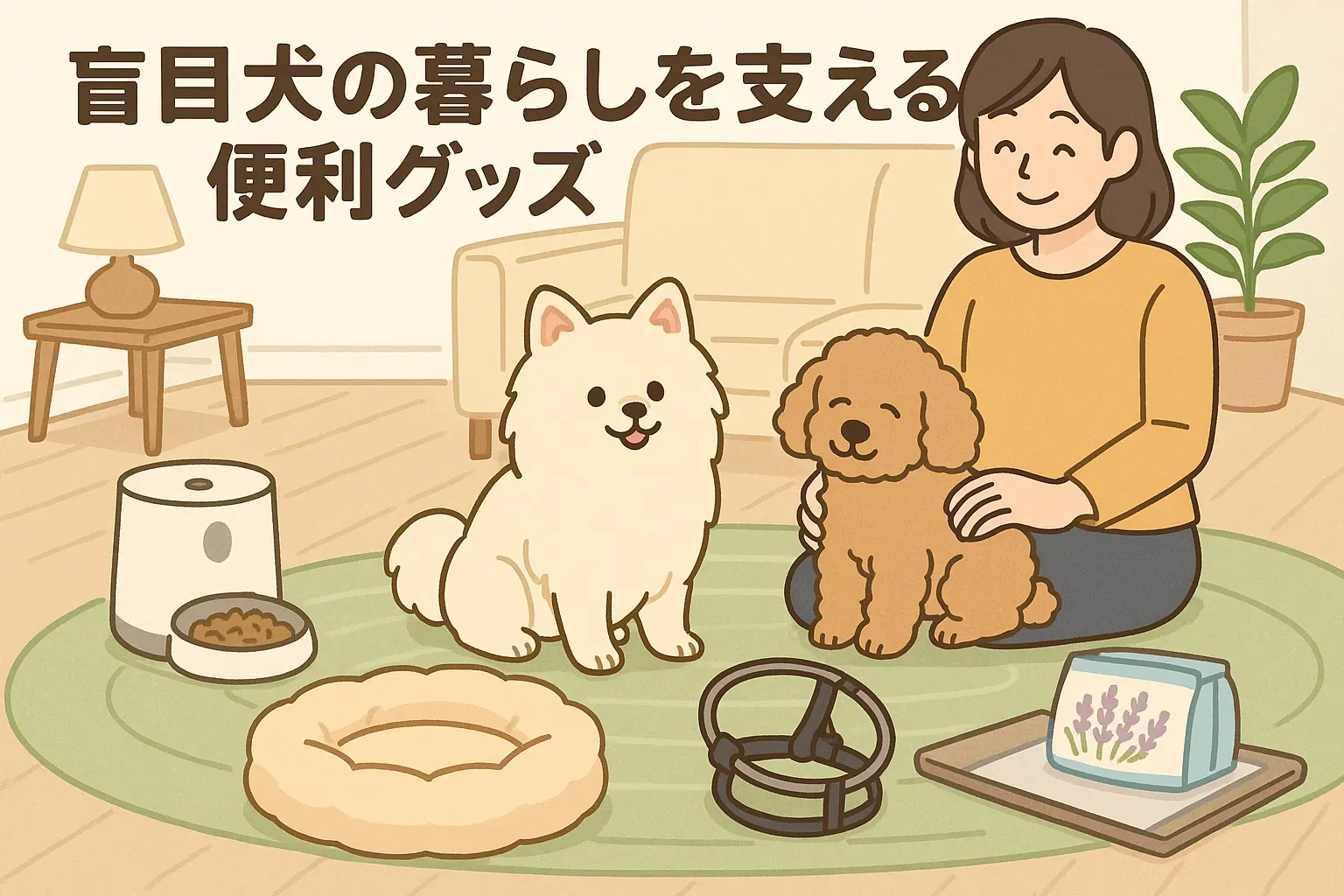 室内で飼い主と一緒に安心して過ごす白ポメラニアンとプードル