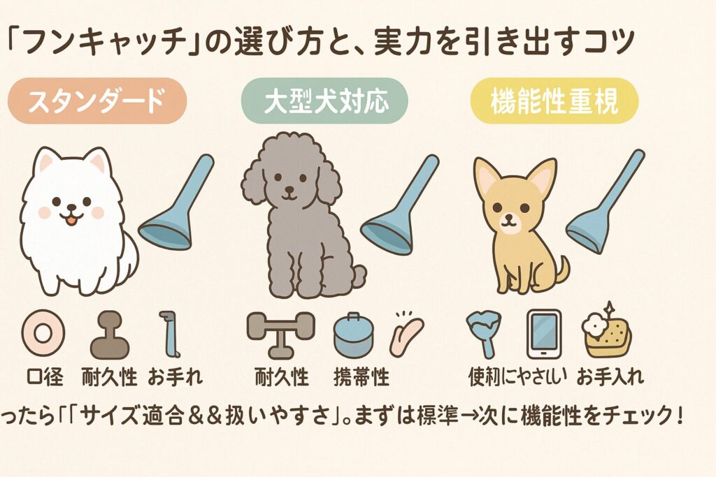 フンキャッチの3タイプ比較を犬種とアイコンで示した可愛いイラスト