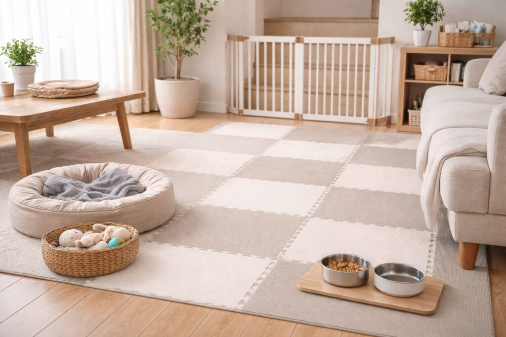 滑り止めマットとベビーゲートを設置した犬に安全な室内環境