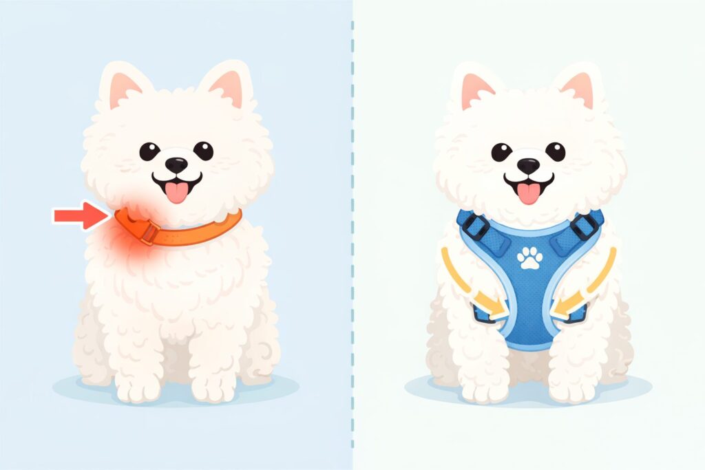 犬の首輪とハーネスで力のかかり方を比較した図