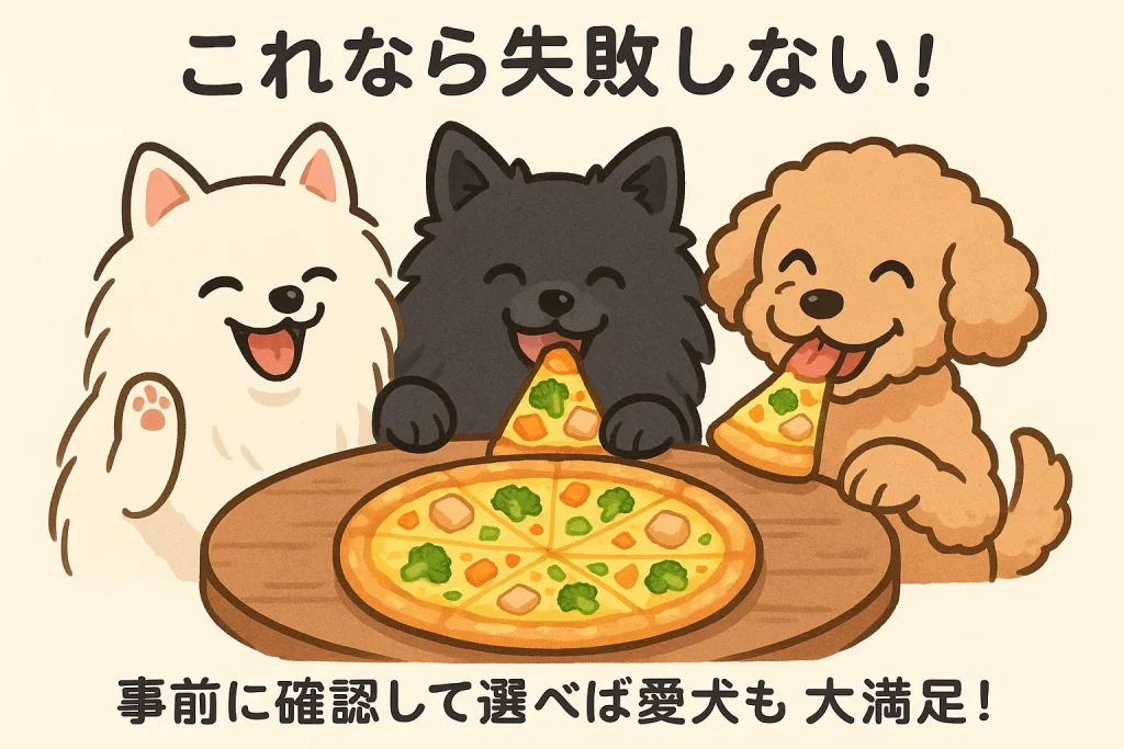 「犬たちが犬用ピザを楽しそうに食べるイラスト」
