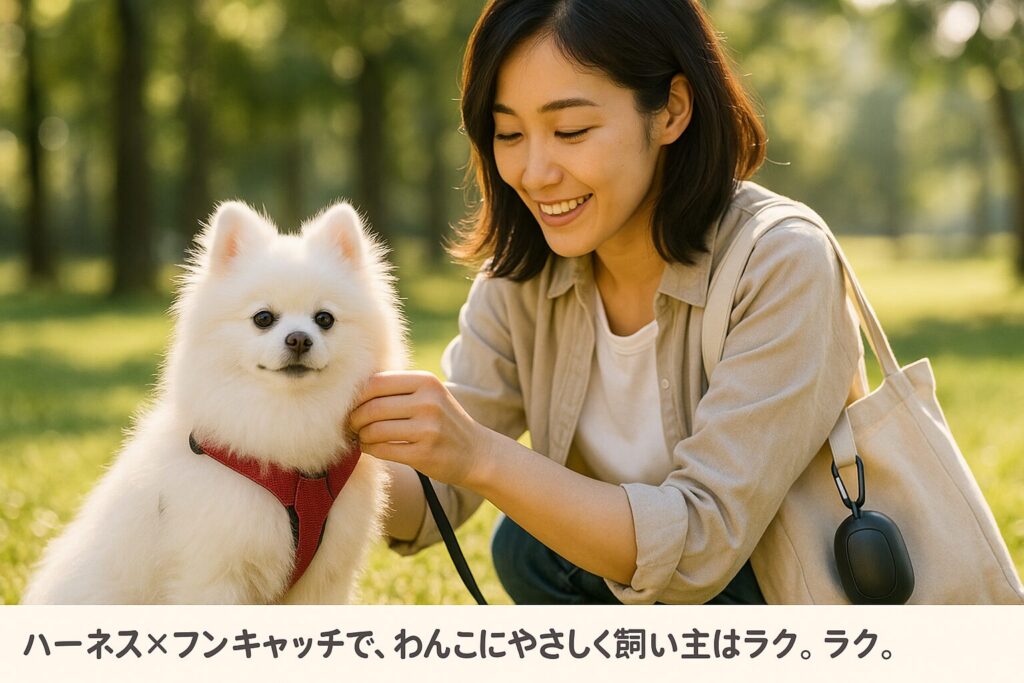 日本人女性が白ポメラニアンのハーネスを調整し、フンキャッチを携帯している写真