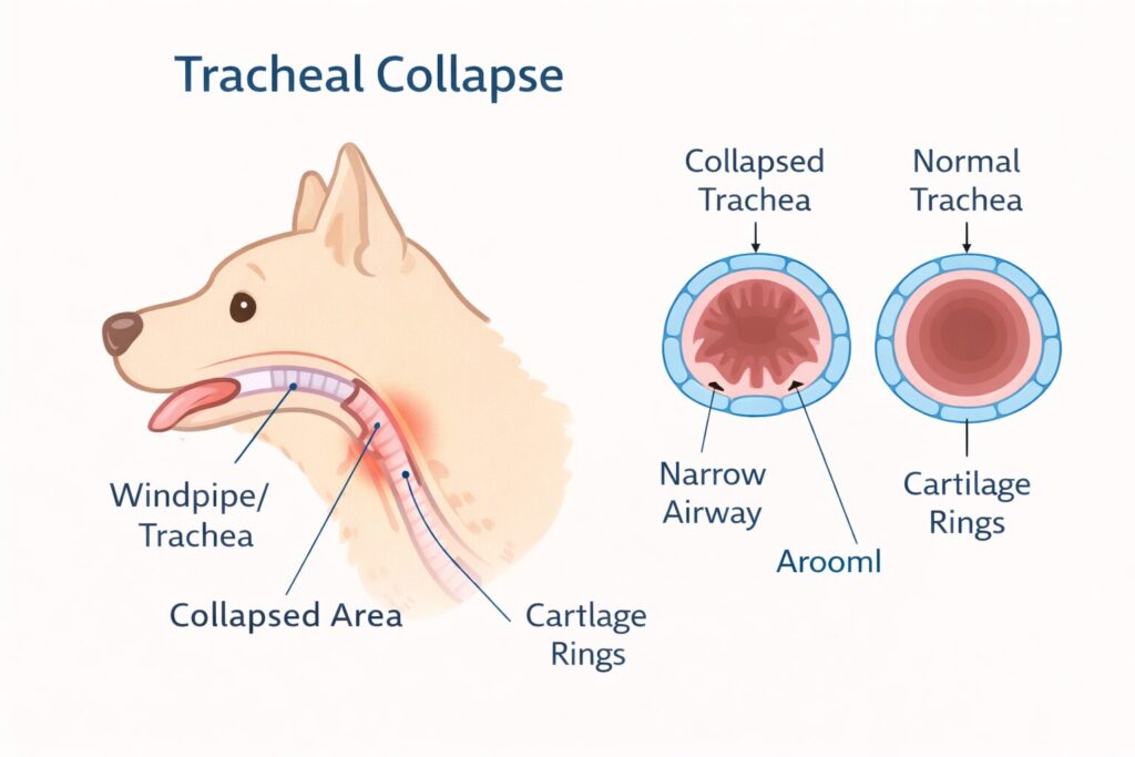 犬の気管虚脱の仕組みを示した気管の図解イラスト