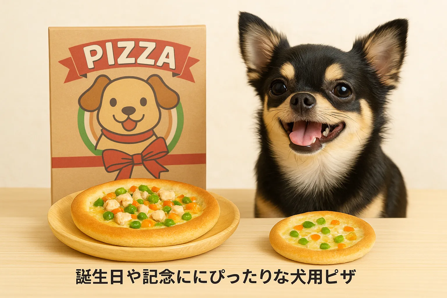 「犬用ピザとパッケージを嬉しそうに見ているチワワ」