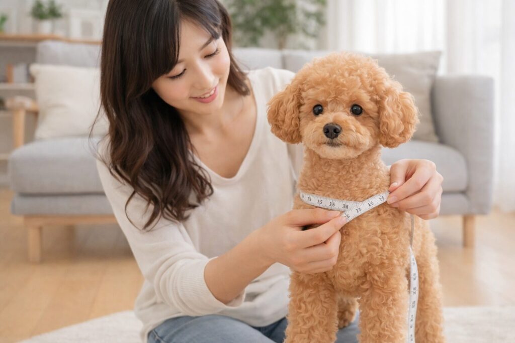 犬の胴囲をメジャーで測ってハーネスサイズを確認している様子