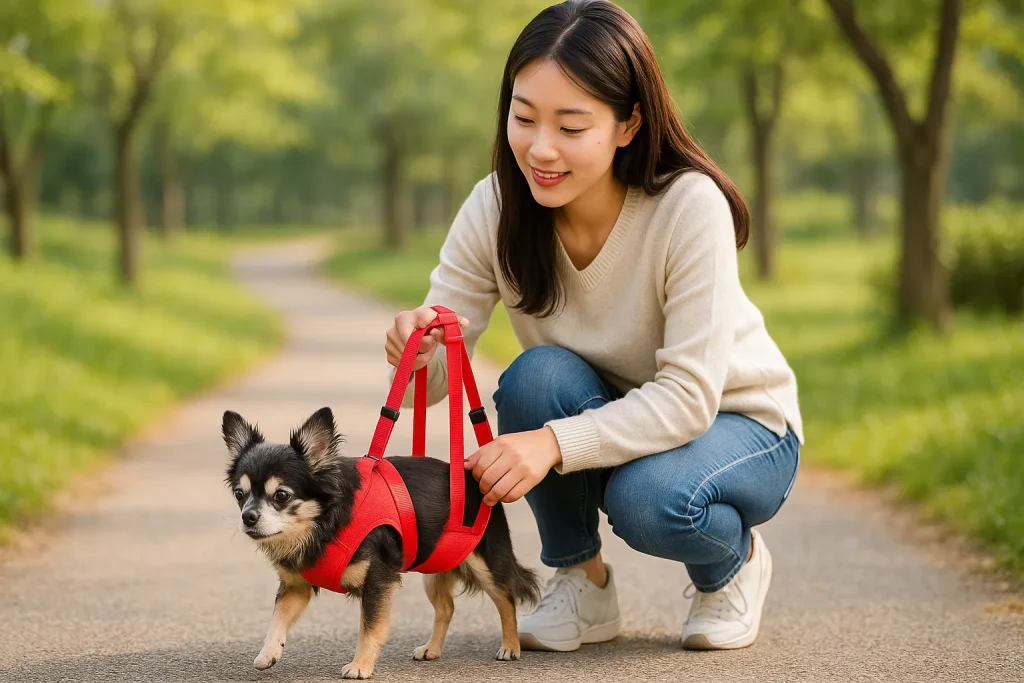 日本人女性が老犬チワワを補助ハーネスで支えて散歩している