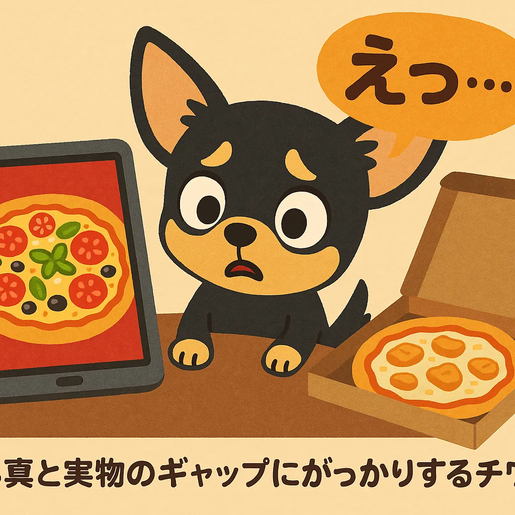「通販で見たピザと実物を比べて驚くチワワのイラスト」