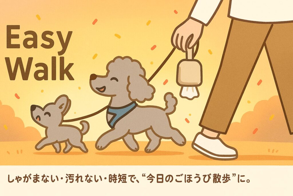 シルバートイプードルと飼い主が軽やかに歩くまとめ用イラスト
