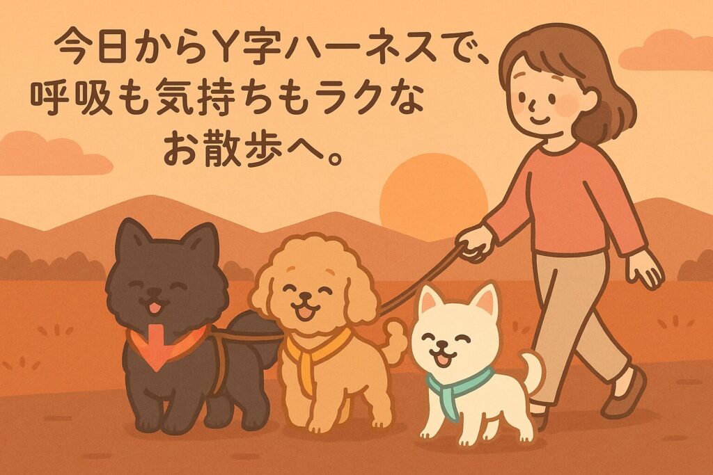 日本人女性と白ポメ&アプリコットプードルがY字ハーネスで夕暮れ散歩するハートウォーミングなイラスト