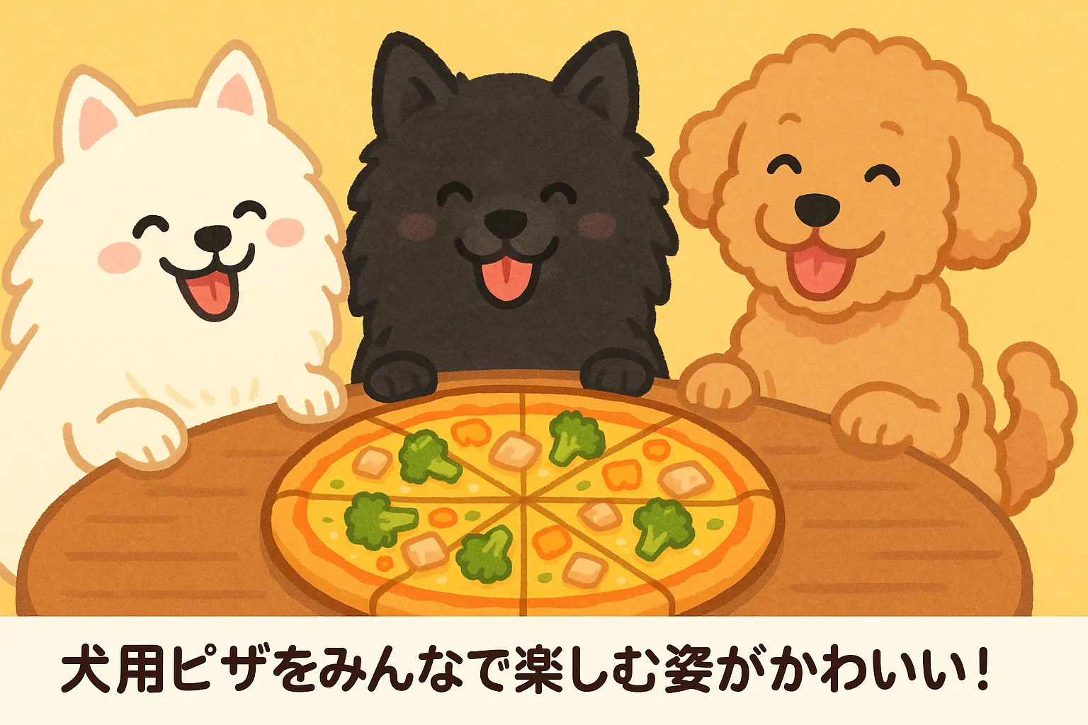 「犬たちが犬用ピザを囲んで嬉しそうにしているイラスト」