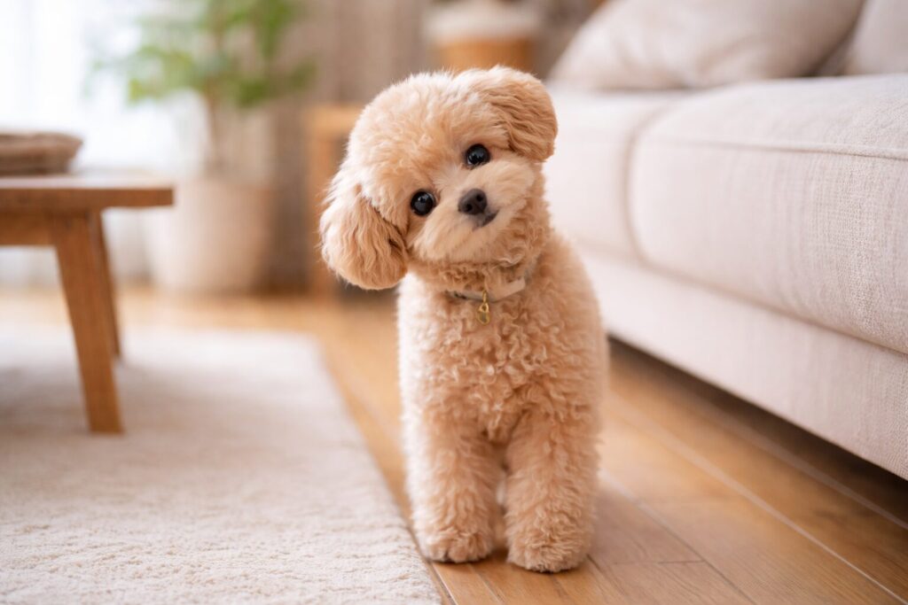 慣れた部屋で少し不安そうに立ち止まる小型犬