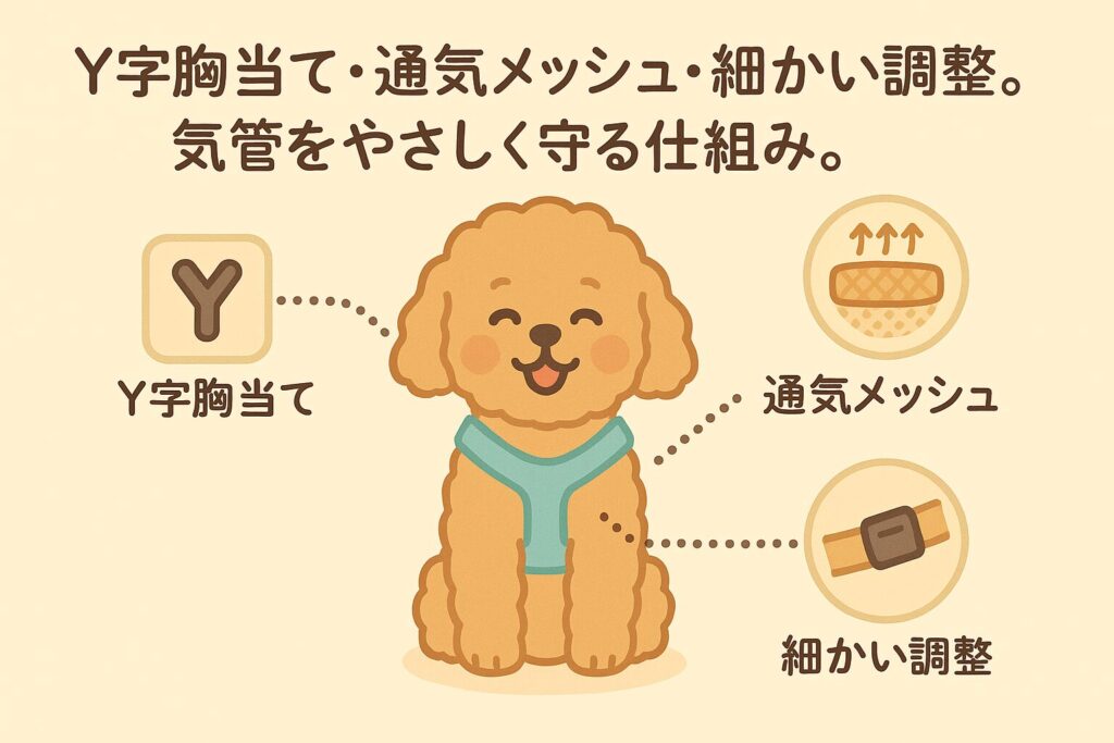 アプリコットプードルをモデルにY字ハーネスの各部位を可愛いアイコンで示した解剖図風イラスト