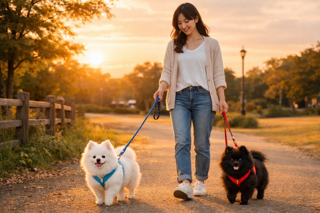 ハーネスを着けた犬と飼い主が安心して散歩している様子