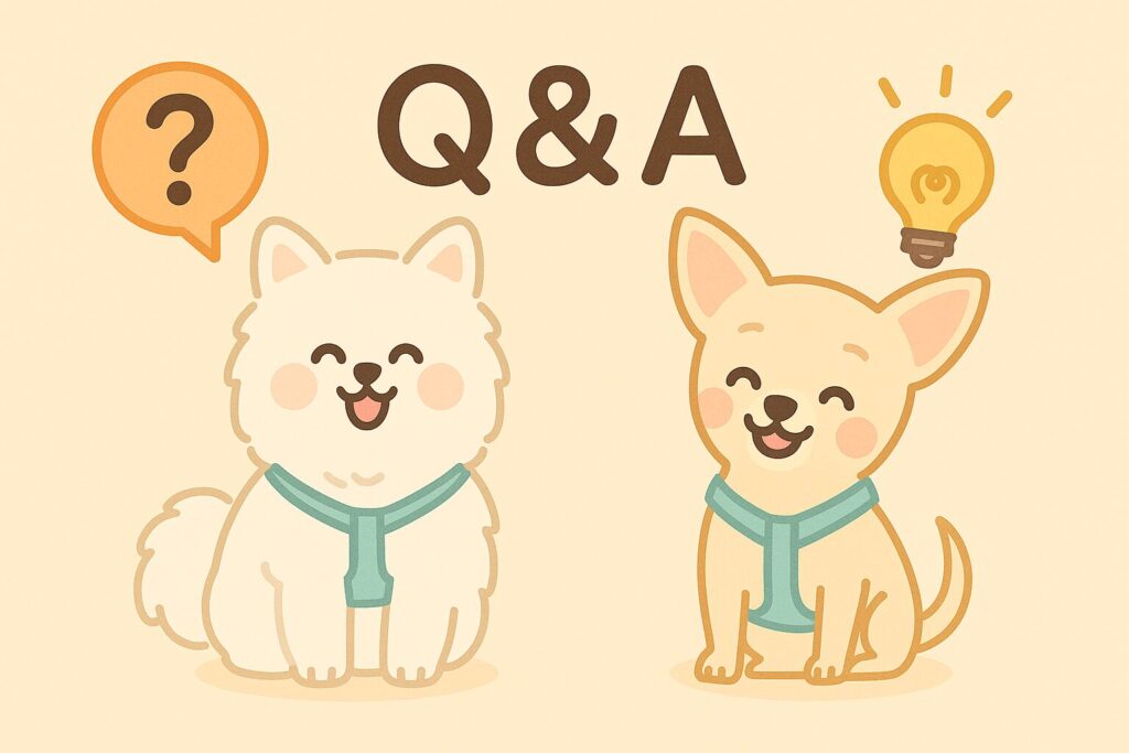 白ポメがはてなマーク、チワワが電球アイコンで答えるポップなQ&Aイラスト