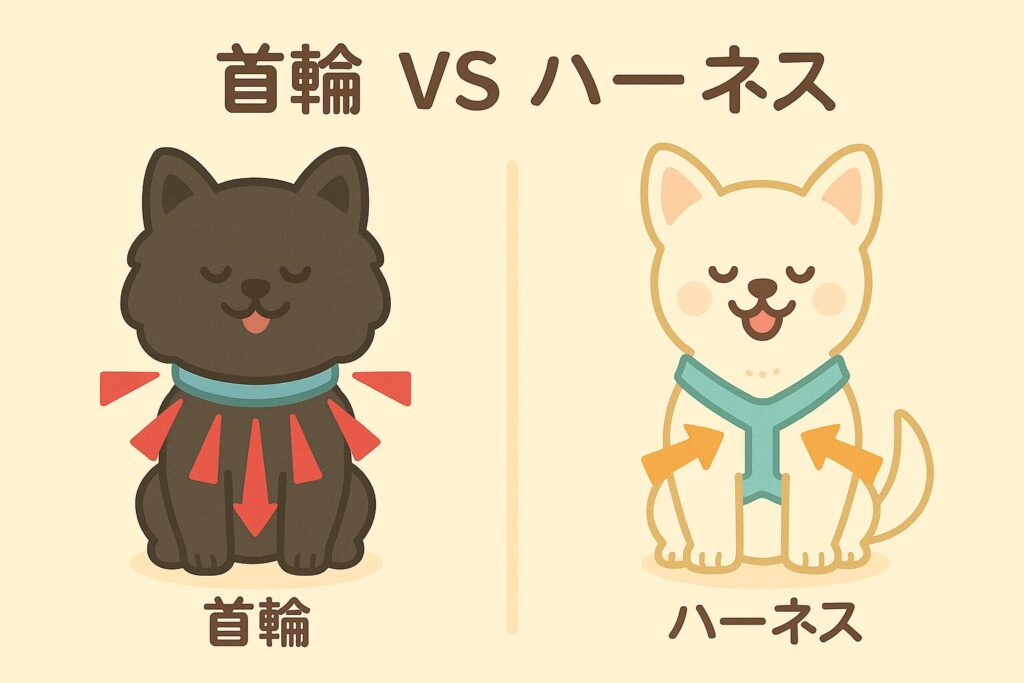 黒ポメが首輪で首元に矢印が集まり、白ポメがY字ハーネスで胸に力が分散することを示す対比イラスト