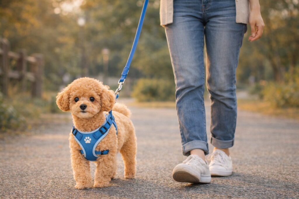 犬の気管虚脱対策としてY字ハーネスを付けて散歩するトイプードル