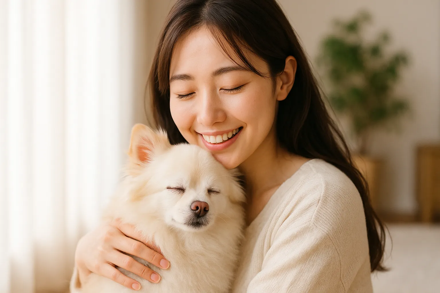　不安そうな盲目犬を日本人女性が優しく抱きしめて安心させている様子