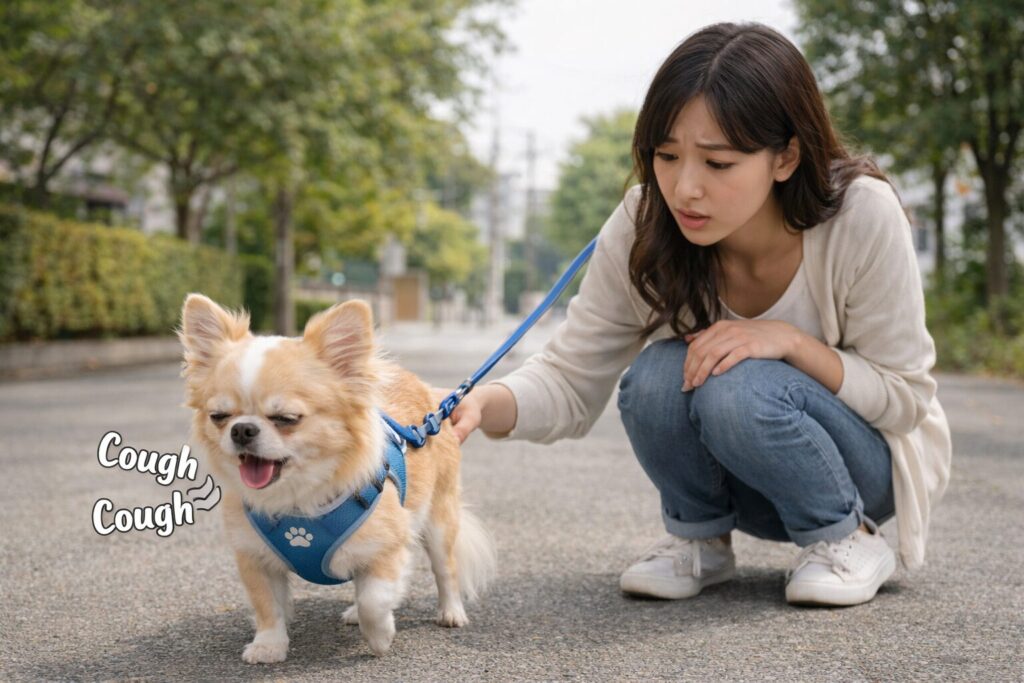 散歩中に咳き込むチワワの様子