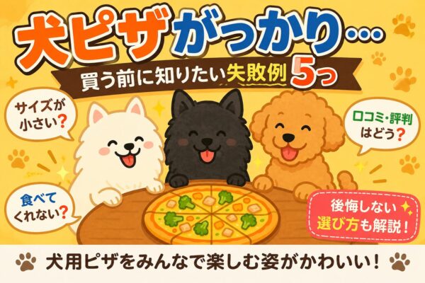 犬用ピザを楽しむ3匹の犬のイラスト