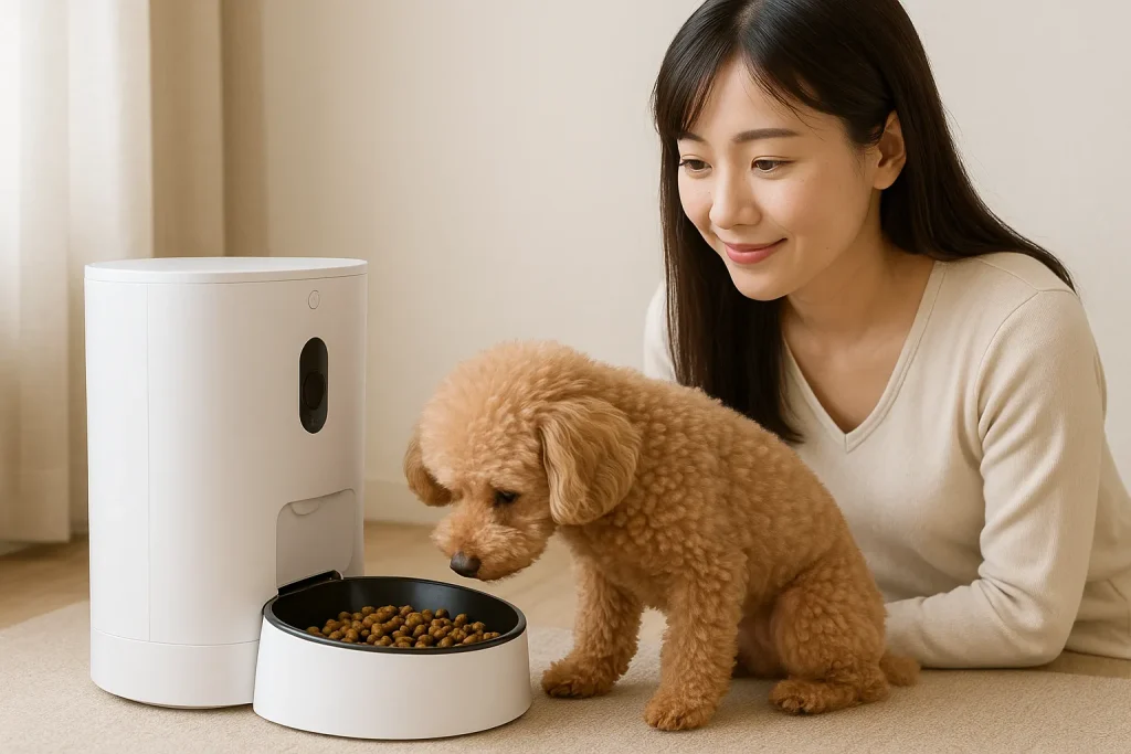自動給餌器からごはんを食べるプードルと、それを優しく見守る日本人女性