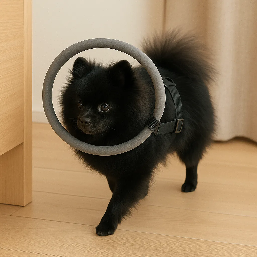 バンパーハーネスを着けて障害物にぶつからず歩く黒ポメラニアン