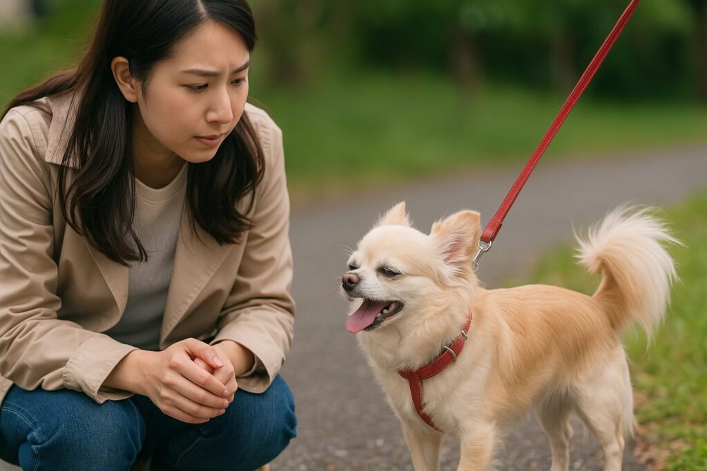 日本人女性がチワワの呼吸の様子を気づかい、しゃがんで優しく見守る実写風写真