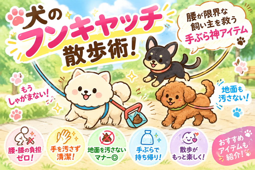 フンキャッチアイテムを使って散歩する犬のイラスト