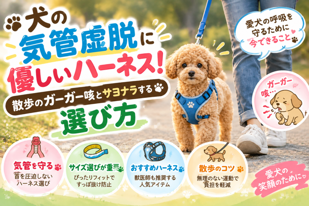 ハーネスを着けて散歩する犬と気管に配慮したハーネスの選び方