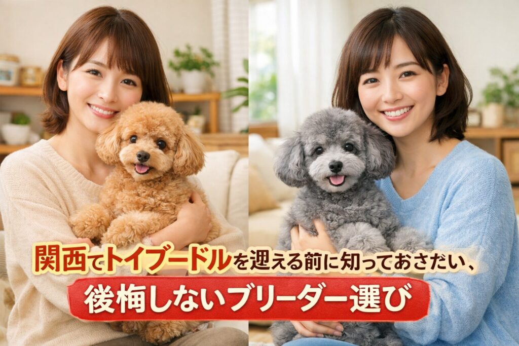 明るい室内で日本人女性がアプリコットとシルバーのトイプードルを抱いて微笑む、関西向けブリーダー選び解説のアイキャッチ画像