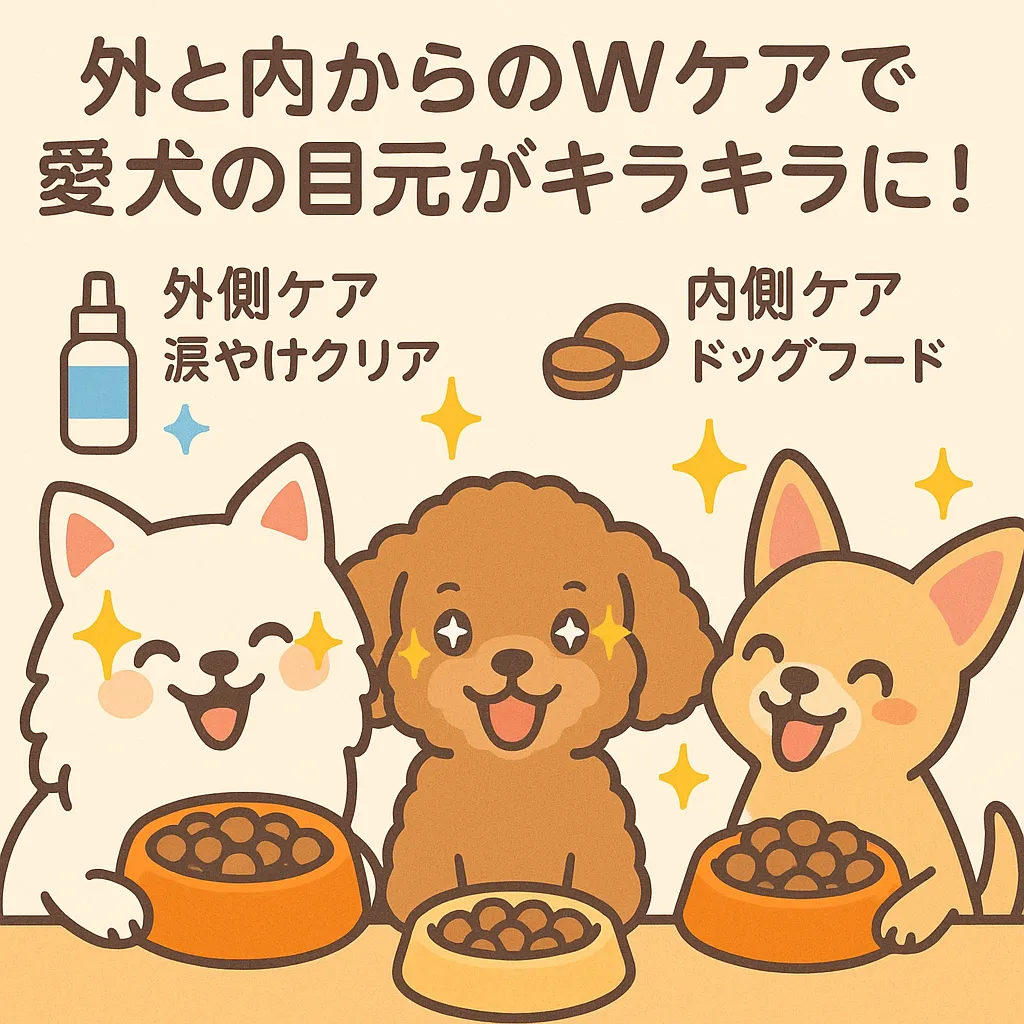 「涙やけの外側ケアと内側ケアを組み合わせて犬たちが元気に笑顔でいるイラスト」