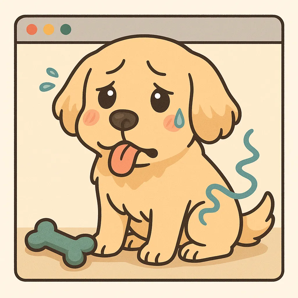 舌を出してしょんぼりした表情を見せる犬のイラスト。お腹の調子が悪く、消化不良のサインを示している
