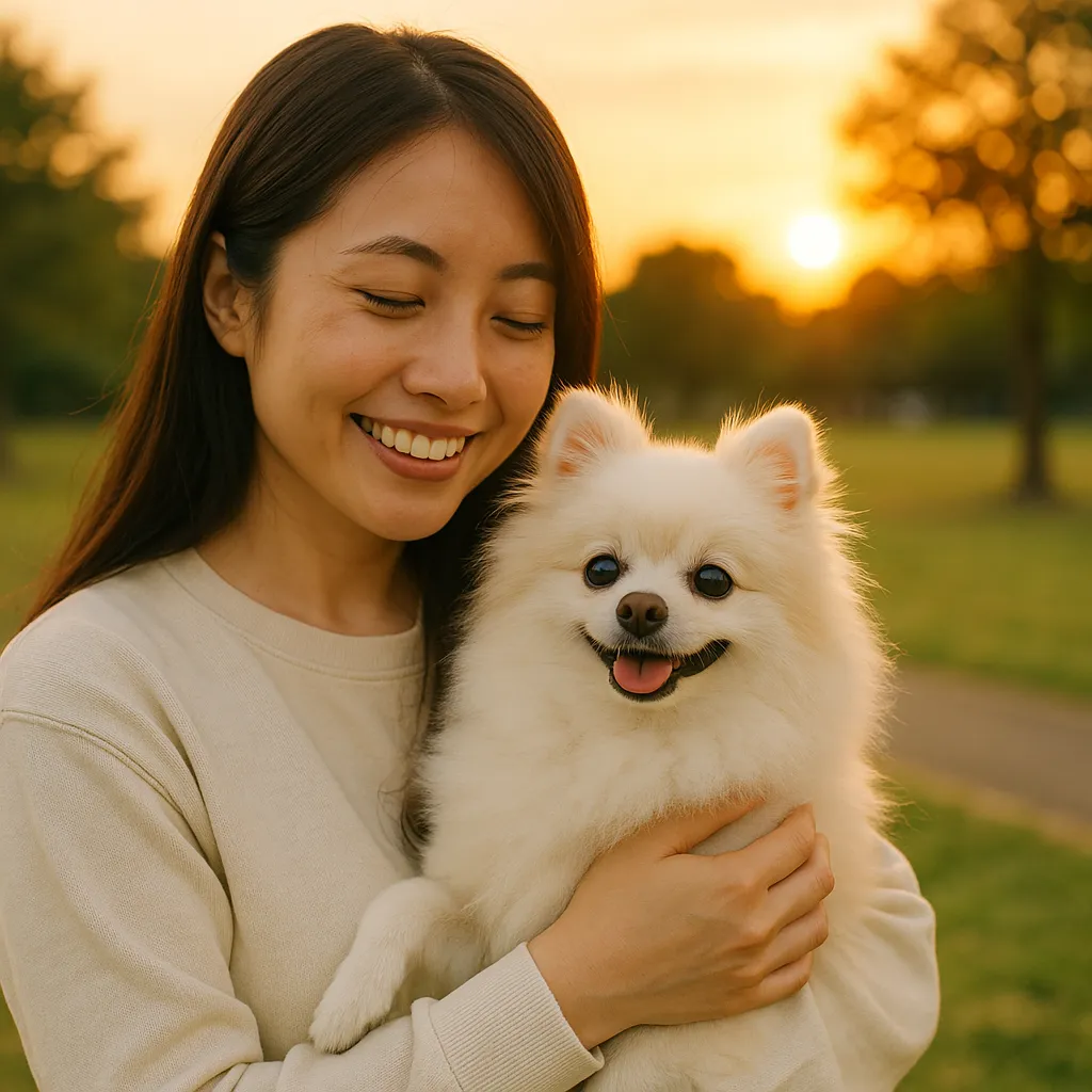 日本人女性が白ポメラニアンを抱きしめ、夕暮れの公園で微笑む様子