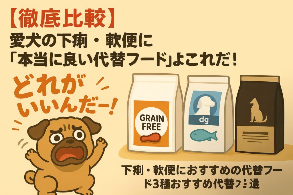 「パグが『どれがいいんだー！』と悩む様子と、3種類のドッグフードパッケージのイラスト。『徹底比較』の文字付き」