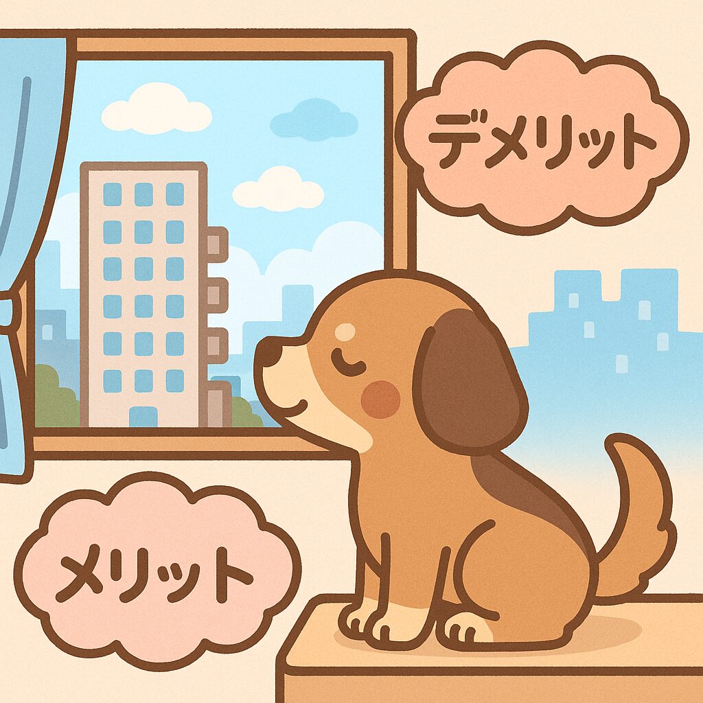 窓から外を眺める犬と、吹き出しでメリット・デメリットを示すイラスト