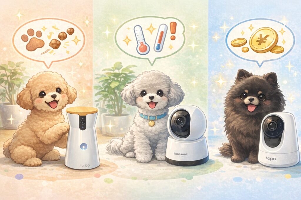 白ポメラニアンとチワワが見守りカメラ3タイプを紹介する可愛いイラスト