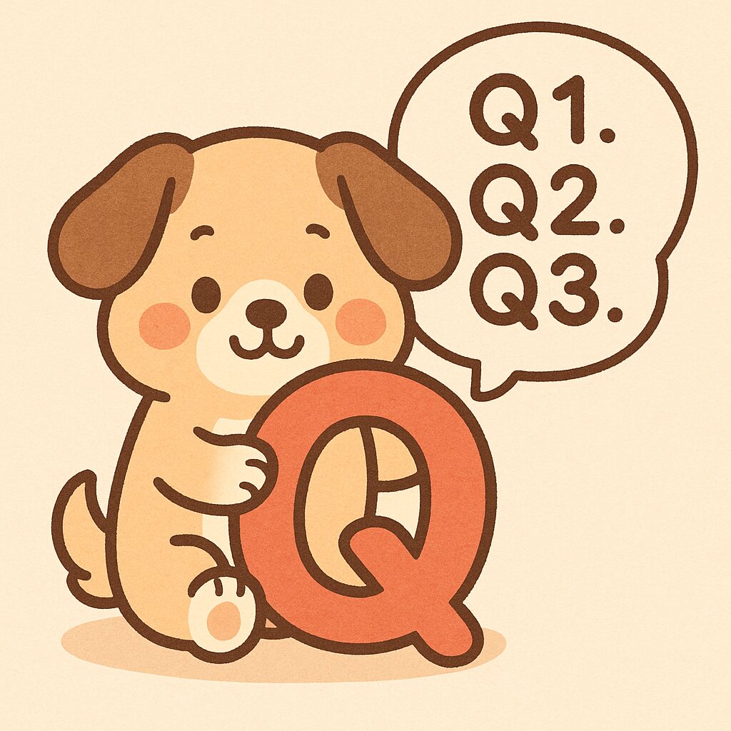 犬が大きなQマークを持ち、吹き出しで質問を表現した可愛いFAQイラスト