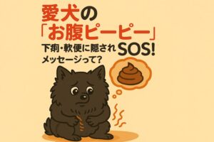 「お腹の不調を訴える黒い犬のイラストと、下痢・軟便に関する警告メッセージ」