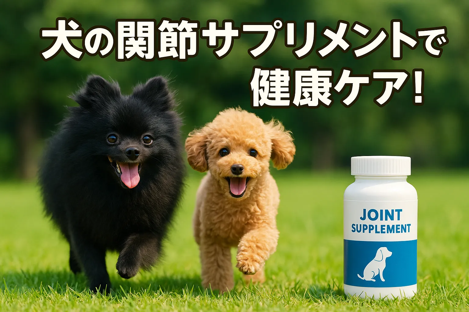 黒ポメラニアンとアプリコットプードルが芝生で走るアイキャッチ