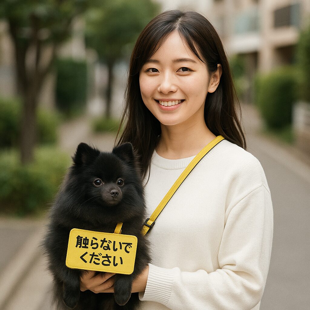 日本人女性が黒ポメラニアンと住宅街をゆっくり散歩、リードにワッペン。穏やかな表情の写真
