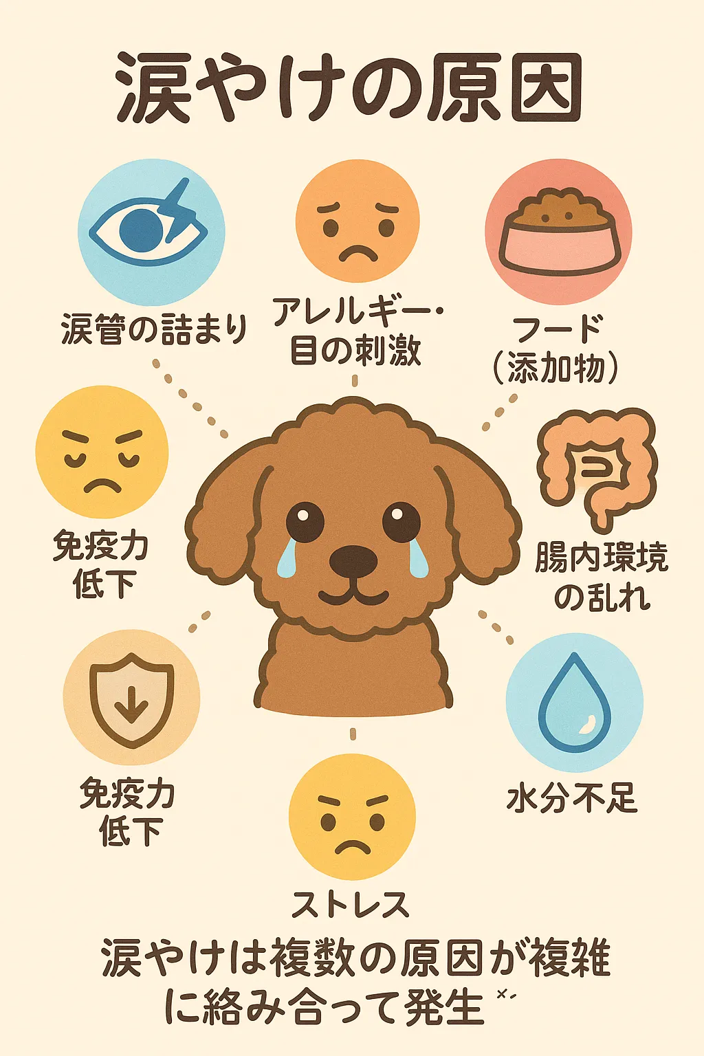 「犬の周りに涙やけの7つの原因が描かれたイラスト」