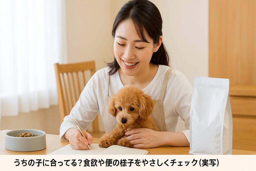 『日本人女性とアプリコットプードルが便の状態をノートで確認するやわらかな実写シーン』