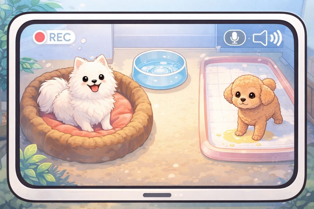 白ポメラニアンの寝床と水飲み場、トイレがカメラ画面内に映っている見守り構図のイラスト