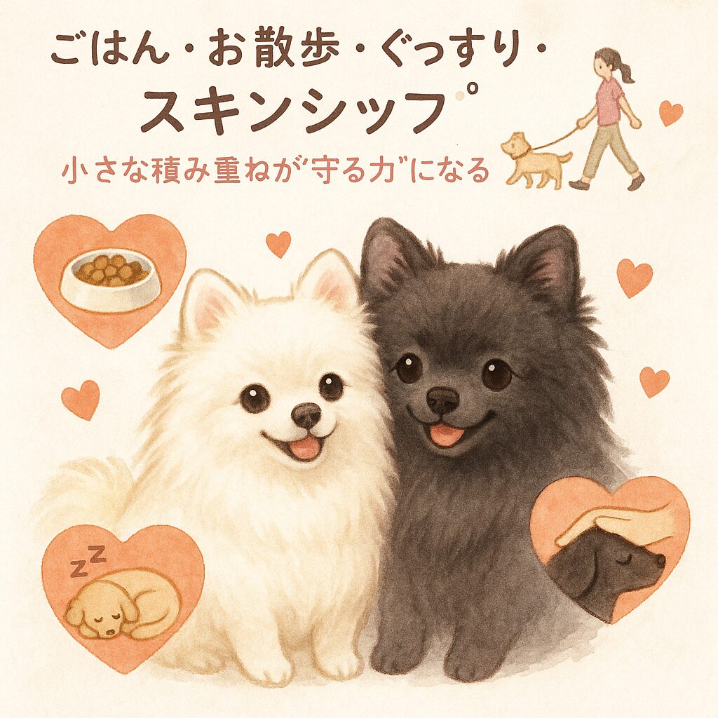 白ポメラニアンと黒ポメラニアンが寄り添って微笑み、周りにごはん・お散歩・睡眠・なでなでの小さなハート型ピクトが浮かぶ、水彩タッチの優しいイラスト。