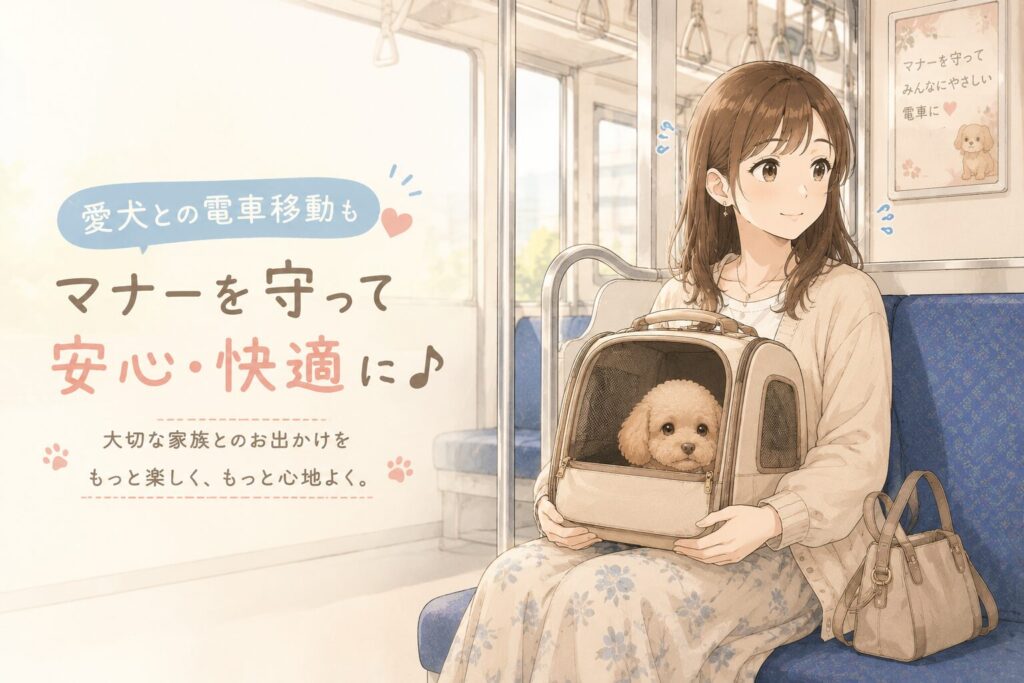 犬をキャリーバッグに入れて電車移動する女性のイラスト