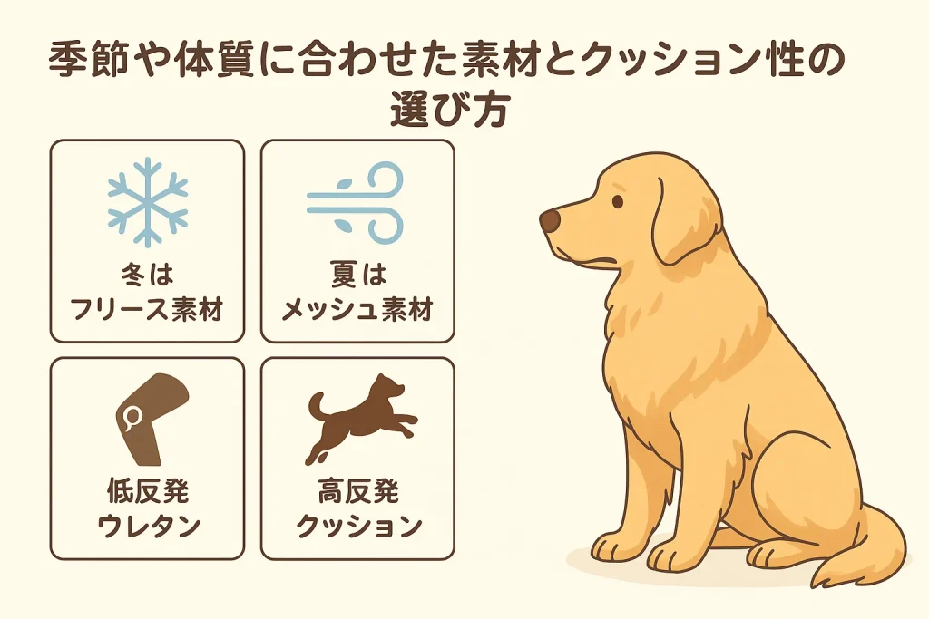 大型犬がフリース・メッシュ・低反発・高反発の素材カードを見比べるイラスト
