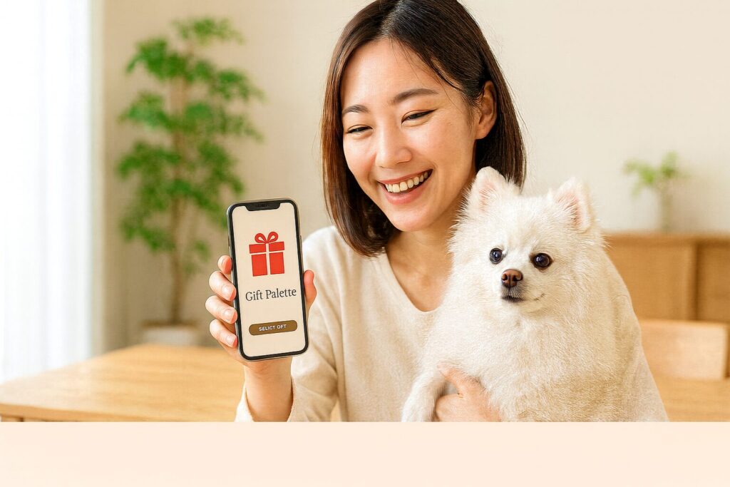 自然光の室内でスマホのギフト画面を見せながら白ポメラニアンを抱く清潔感のある日本人女性の微笑み